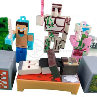 Kit Cartelado Conjunto Minecraft 2 Bonecos + 1 Villager + 1 Enderman + 1 Creeper + 1 Cama + Espadas (4)