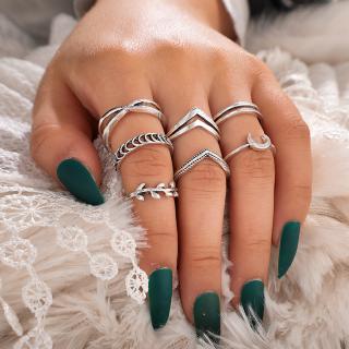 7Pçs Conjunto de Anéis Vintage Prateados para Articulações/Meio do Dedo / Anéis Vazados Fashion Femininos