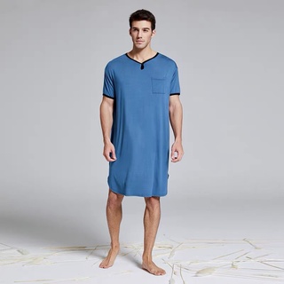 - Pijama / Pulôver Masculino Longo De Dormir / Camisa De Mangas Curtas Decote Em V Folgado De Cor Lisa Com Bolsos (2)