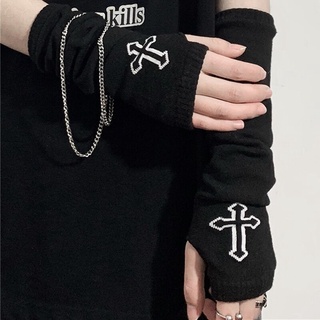 Punk EMO Style Streetwear Women Wrist Arm Warmer Knitted Long Fingerless Gloves Black Mitten Halloween Cross Gloves Dark Moon (2)