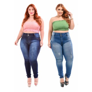kit de 2 calça jeans feminina plus size com a cintura alta com lycra na promoção