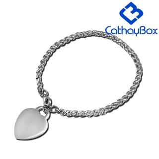 Personalized Photo Text Engrave Bracelet Silver Tone Stainless Steel Wheat Chain With Heart Charm For Women