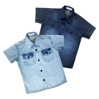 Kit 2 peças camisa jeans infantil e infanto juvenil manga curta para meninos com bolsos e botões