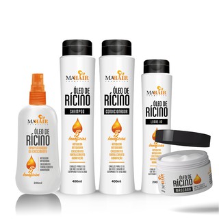 Kit Capilar Óleo de Rícino 5 Itens - Shampoo, Condicionador, Máscara, Leave-in e Spray - MAHAIR