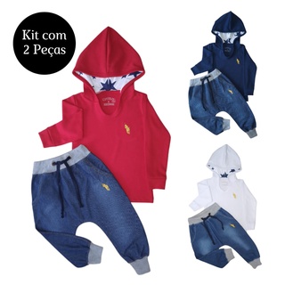 Kit 2 Peças Camiseta Manga Longa com Capuz e Calça Jeans