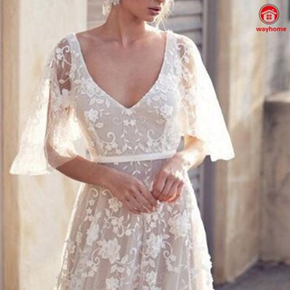 Vestido De Noiva Branco Com Apliques De Renda Para Praia / Vestido De Noiva Com Gola V (4)