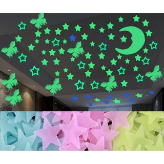 adesivos de parede de decoração de casa estrelas/ lua/borboleta/ floco de neve de cor luminosa adesivos de parede fluorescentes luminosos adequados para creches infantis
