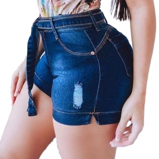 Short Jeans Feminino Com Lycra Costura Levanta Bumbum e Detalhes Destroyed - ATACAREJO (2)