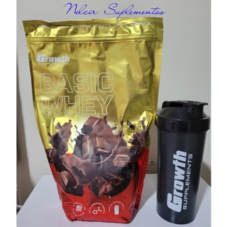 Kit Basic Whey Protein Chocolate (1kg) Growth Supplements + Coqueteleira Preta 600Ml