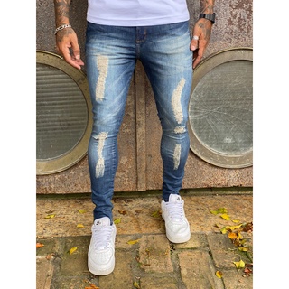 Calça Jeans Masculina Skinny Premium Lycra Elastano Rasgada
