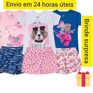 Kit 6 Peças / Roupa Infantil Menina, Roupa para Menina, Roupa para criança verão conjunto 3 blusas + 3 shorts- Promoção