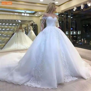 Luxury White Wedding Dresses Lace Up Appliqued Beaded Vestido De Noiva Custom Made Ball Gown Bridal Long Chapel Train