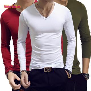 Camiseta/Pulôver Masculino Casual Minimalista De Mangas Compridas Com Decote Em V Slim Fit