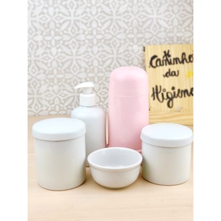 Kit Higiene Potes Porcelana Branca Garrafa Rosa 5 peças