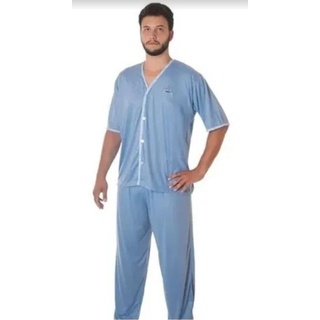 Pijama Masculino Longo manga curta Linha bordado e com botão