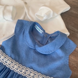 Vestido Bebê 2-18 Meses Azul Luxo com Bolero Gola e Tiara 100% Algodão 2 a 18 Meses (2)