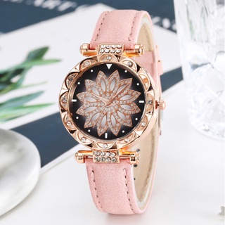 Relógio feminino pulseira de couro com relógio de quartzo estrelado