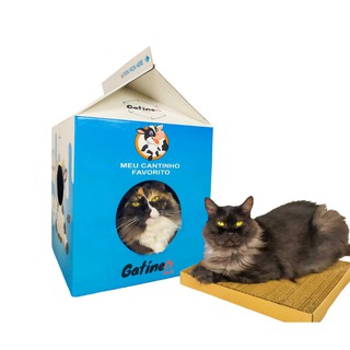 Gatíneos Toys Arranhador para Gatos de Papelão Kraft com Toca Cat Milk Box 2in1 Cama para Gatos, Brinquedo para Gatos