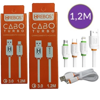 CABO HREBOS 3.0 TURBO, HS-123 1,2mt MICRO USB-V8/ BRANCO PONTA COLOR