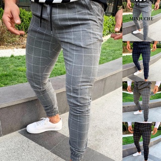 Minjuche Calças de moda masculina com estampa xadrez com cordão elástico casual slim fit calça lápis
