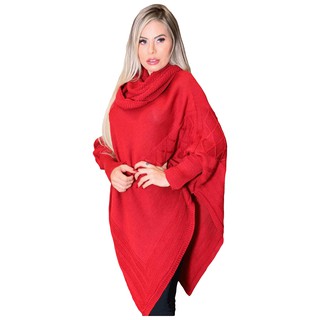 Blusa de Inverno Tricô - Poncho Estilo Pala(capa) - Gaúcha - Feminina - Cor Vermelha