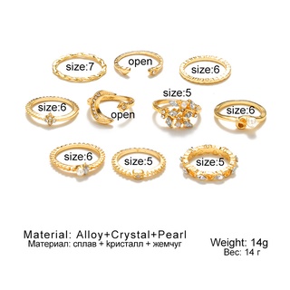 10 Pcs Set Star Moon Ring Set Fashion Diamond Heart Pearl Bohemian Set Ring for Women (7)