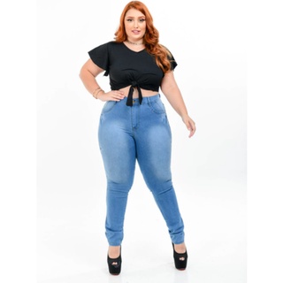 calca jeans feminina plus size cintura alta com lycra skinny fashion moda lançamento