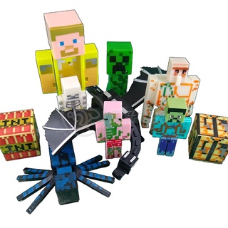 Kit Cartelado Conjunto Minecraft 2 Bonecos + 1 Villager + 1 Enderman + 1 Creeper + 1 Cama + Espadas 11