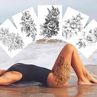 Flor Sexy Tatuagens Temporárias Para As Mulheres Body Art Pintura Pernas Braço Tatuagens Adesivo Realista Falso Rosa Negra À Prova D 'Água