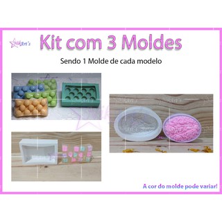 Kit com 3 moldes, forma de silicone para Sabonetes Artesanais (1 Liso, 1 Massageador Anatomico, 1 Provence)