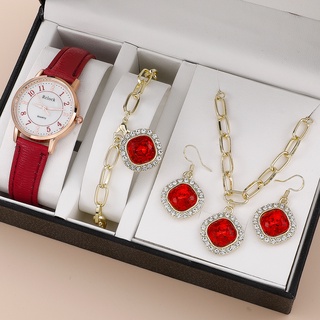 Senhoras Conjunto De Relógio De Quartzo De Couro Da Moda Das Mulheres Com Jóias Vermelhas Diamante Pulseira/Colar/Brincos Acessórios