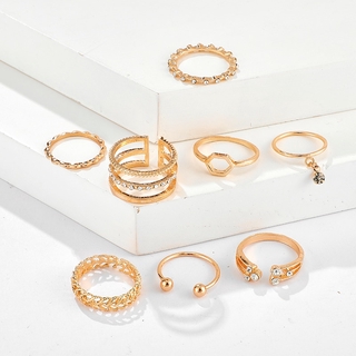 8pcs/sets Bohemian Geometric Rings Sets Clear Crystal Stone Gold Chain Opening Rings for Women Jewelry Accessories (6)
