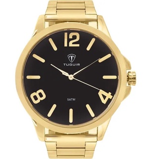 Relógio Masculino Analógico Dourado Visor Preto 50mm