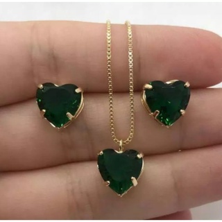 conjunto colar gargantilha corrente feminina veneziana com brincos de pedras verdes banhadas a ouro 18 k.