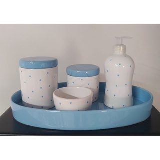 Kit Higiene Bebê Porcelana Poá Azul 5 Peças