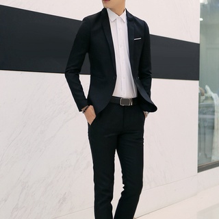 Yar_2Pcs Office Business Men Solid Color Lapel Long Sleeve Slim Blazer Pants Suit (7)