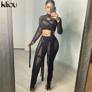 Kliou Mesh See-Through Sexy Pants Two-Piece Suit