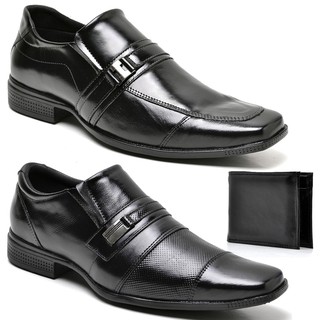 kit 2 pares sapato social masculino de couro legitimo + carteira de couro