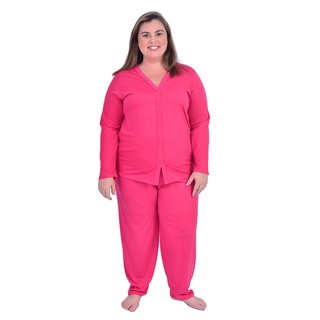 Pijama Feminino De Frio Longo Inverno Plus Size Botões Malha