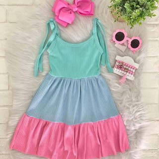 Vestido feminino infantil menina colorido azul rosa verde (tam: 2 ao 14) (3)