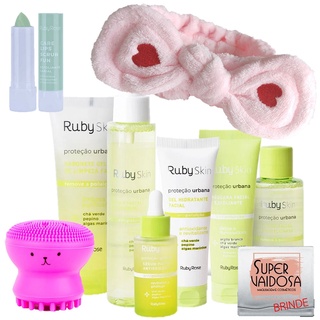 Kit Ruby Skin Proteção Urbana Ruby Rose c/ Esponja Facial + Esfoliante Labial e Faixa de cabelo