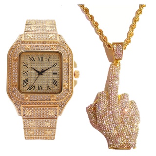 Iced Out Assista Colar Para Homens De Luxo Diamante Quadrado Ouro Relógio De Bling Jóias Hip Hop Meio Dedo Pingente Cadeias Relogio