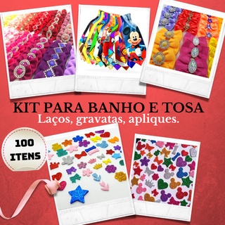 Kit 100 Acessórios para Banho e Tosa Laço Gravata e Aplique + Brinde