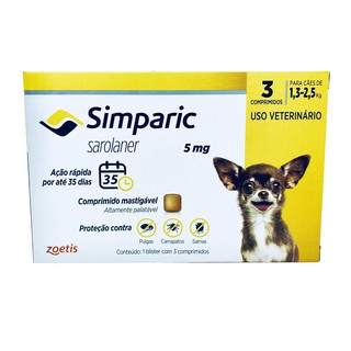 Simparic 5 mg até 2,5 kg Antipulgas e Carrapatos com 3 comprimidos C/ NF