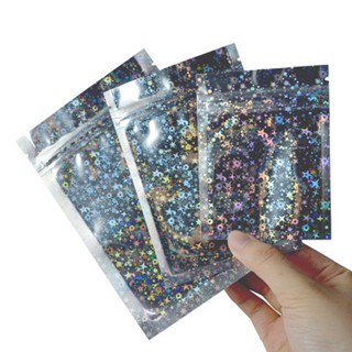 50 / 100 Pcs Estrela Glitter Saco Zip Holográfica Beleza Embalagem Do Presente Saco De Armazenamento A Laser Bolsa De Cosméticos (7)
