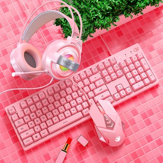 Teclado E Mouse Fone De Ouvido Combe Gamer semi Mecânico Rosa Fofo Feminino USB Led Com Fio