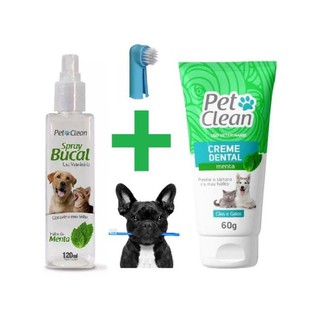 Kit Pasta de Dente Creme Dental Cães e Gatos + Spray Bucal Menta Pet Clean + Escova Dedal Escova de Dentes (Saúde Bucal Higiene oral para canina / felina) (1)