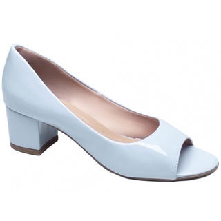 Sapato Feminino Peep Toe Verniz Azul Salto Médio 5 cm Grosso Conforto