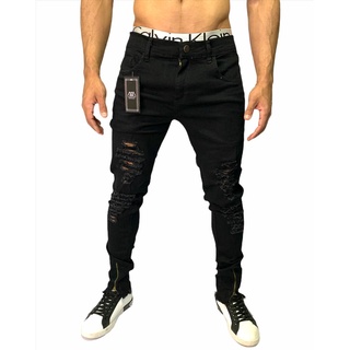 calça jeans masculina preta com lycra skinny e ziper na barra drover laycra azul destroyed slim barata em promoção