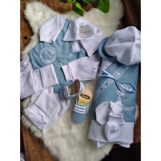 Kit Completo de Saída maternidade Luxo Masculino Conjunto Príncipe 6 peças - Azul bebê/ Piscina 100% algodão